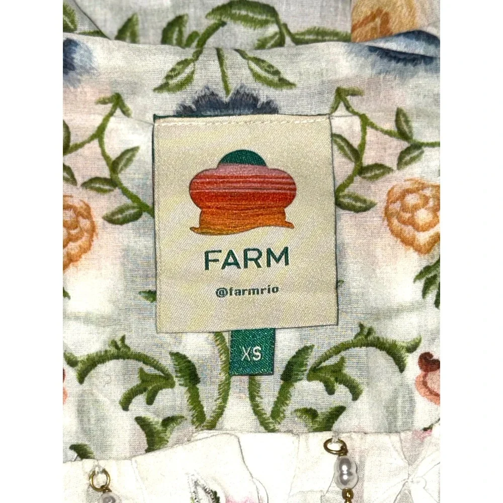 Farm Rio Folk Floral Blouse White Embroidered Puff Sleeve Smocked Top Womens XS